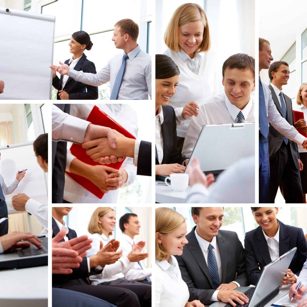 collage photo of business executives and real estate professionals in an office setting