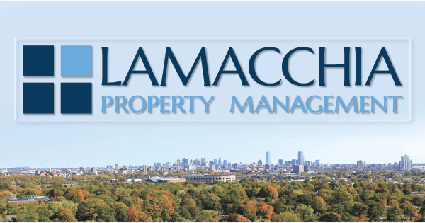 Lamacchia Property Management LPM logo over boston city skyline